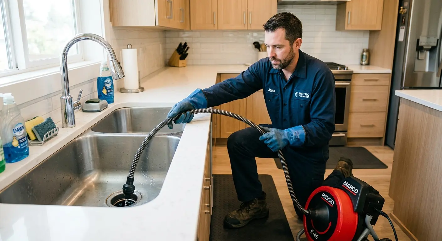 Drain cleaning technician using a motorized snake on a kitchen sink in Clewiston