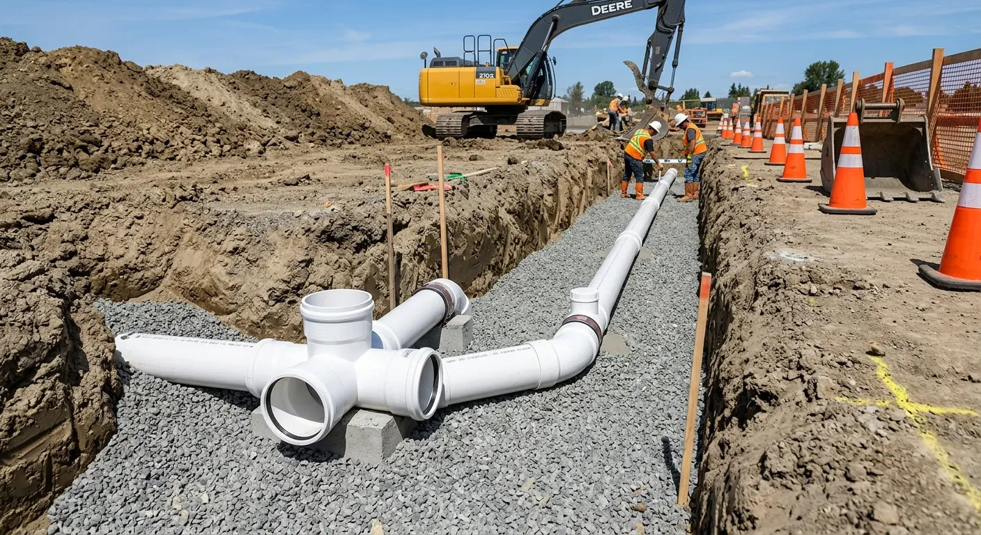 New PVC sewer pipe installation in open trench for Sewer Backup in Clewiston