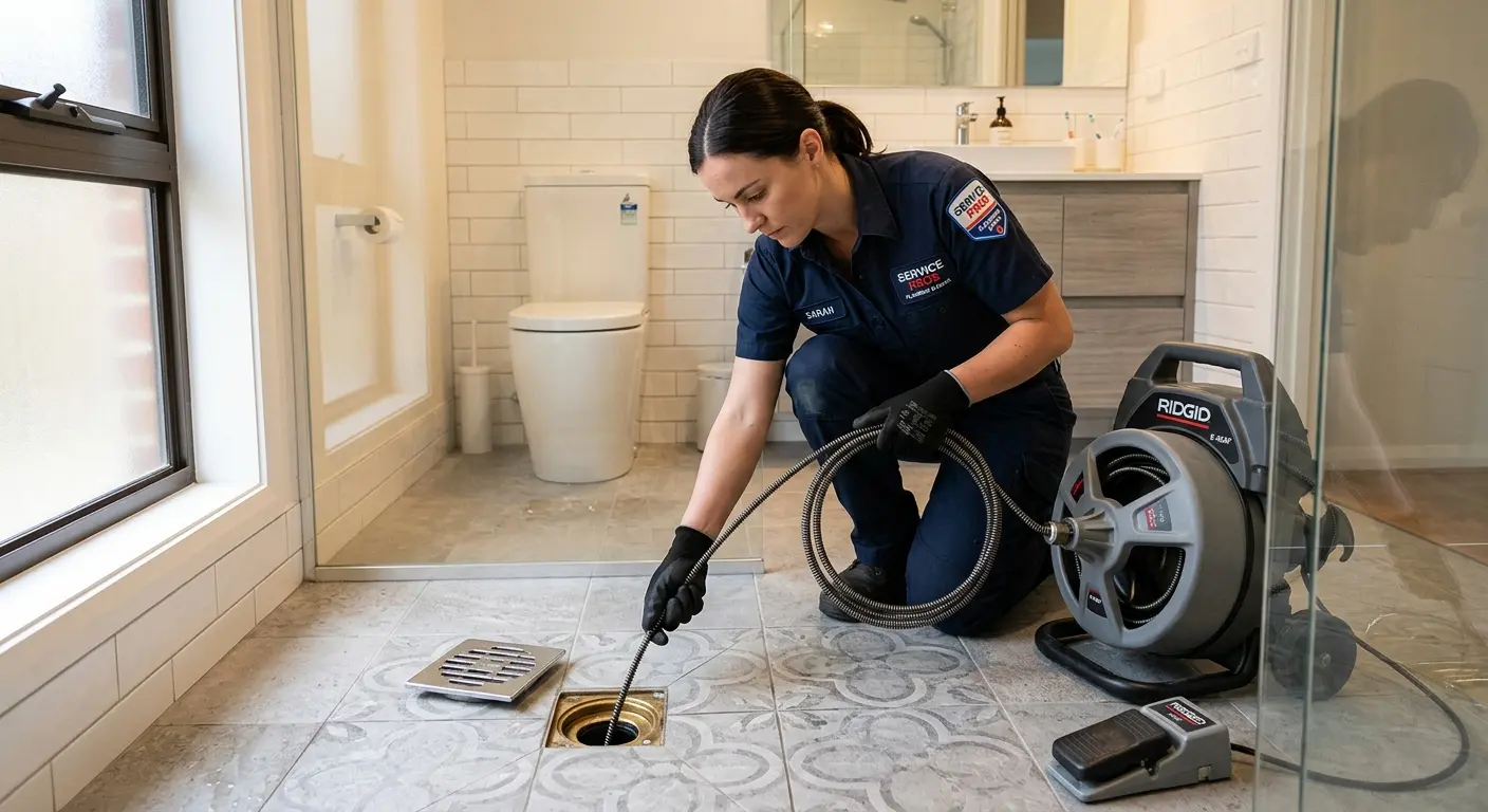 Technician clearing a bathroom floor drain for Sewer Line Installation in Clewiston